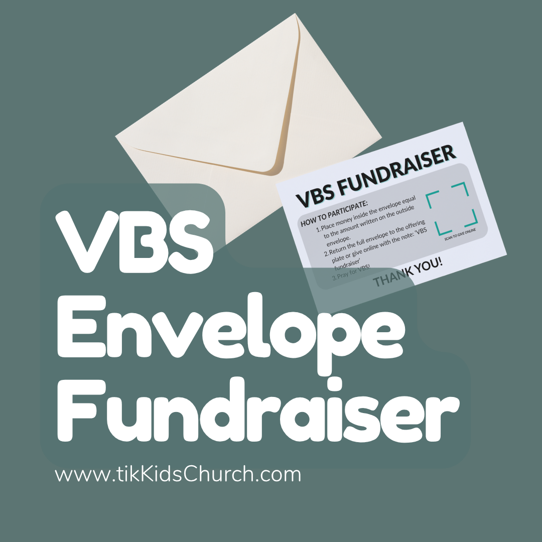 VBS Envelope Fundraiser with envelope and card on a green background