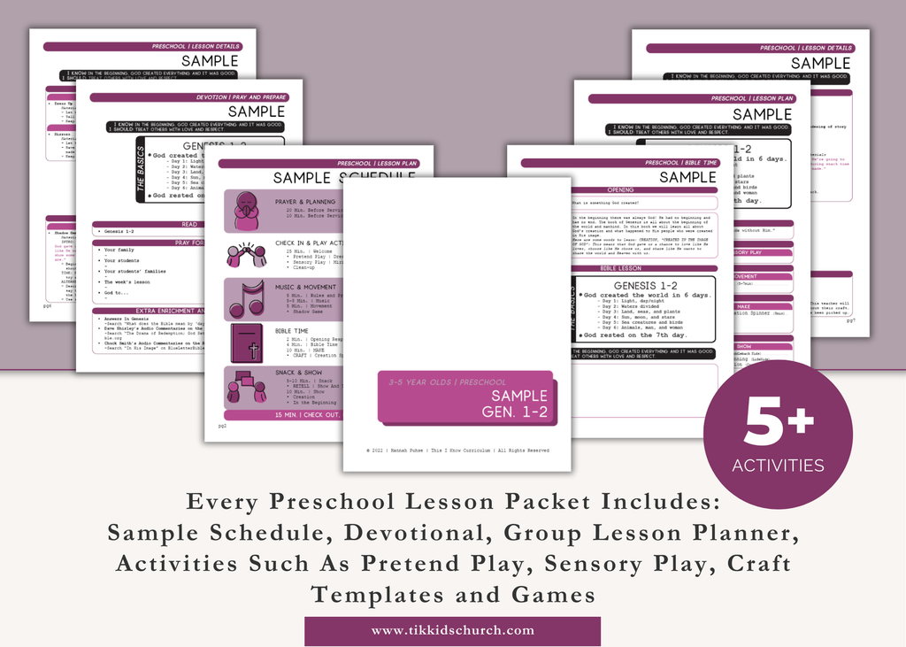 Collection of preschool lesson packet pages with text on a light purple background