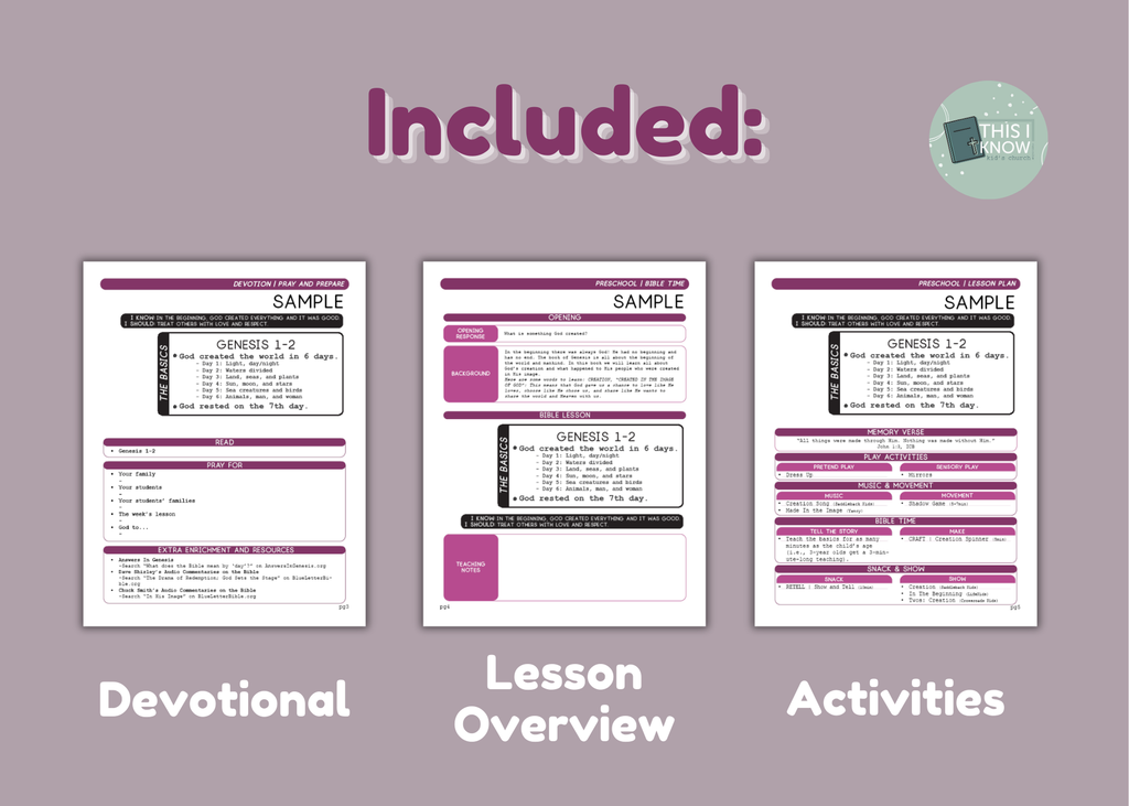 Three printed sheets with text and labels on a purple background, including 'Devotional', 'Lesson Overview', and 'Activities'.