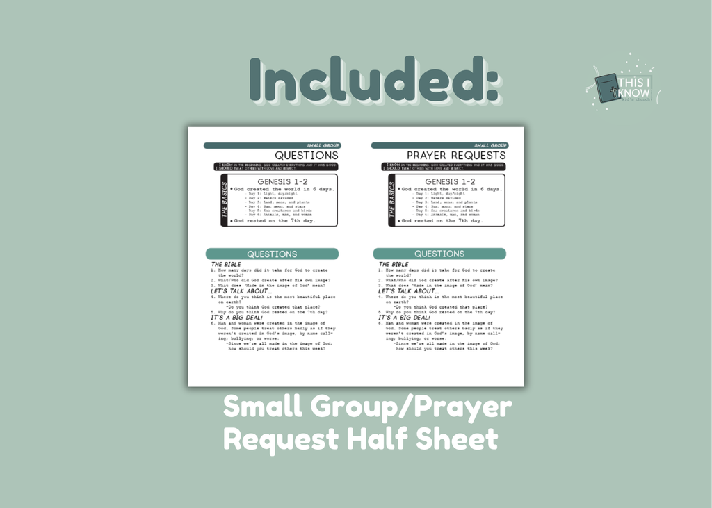 Small Group/Prayer Request Half Sheet on a light green background with text overlay.