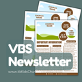 VBS Newsletter design with placeholders for church name and dates on a green background