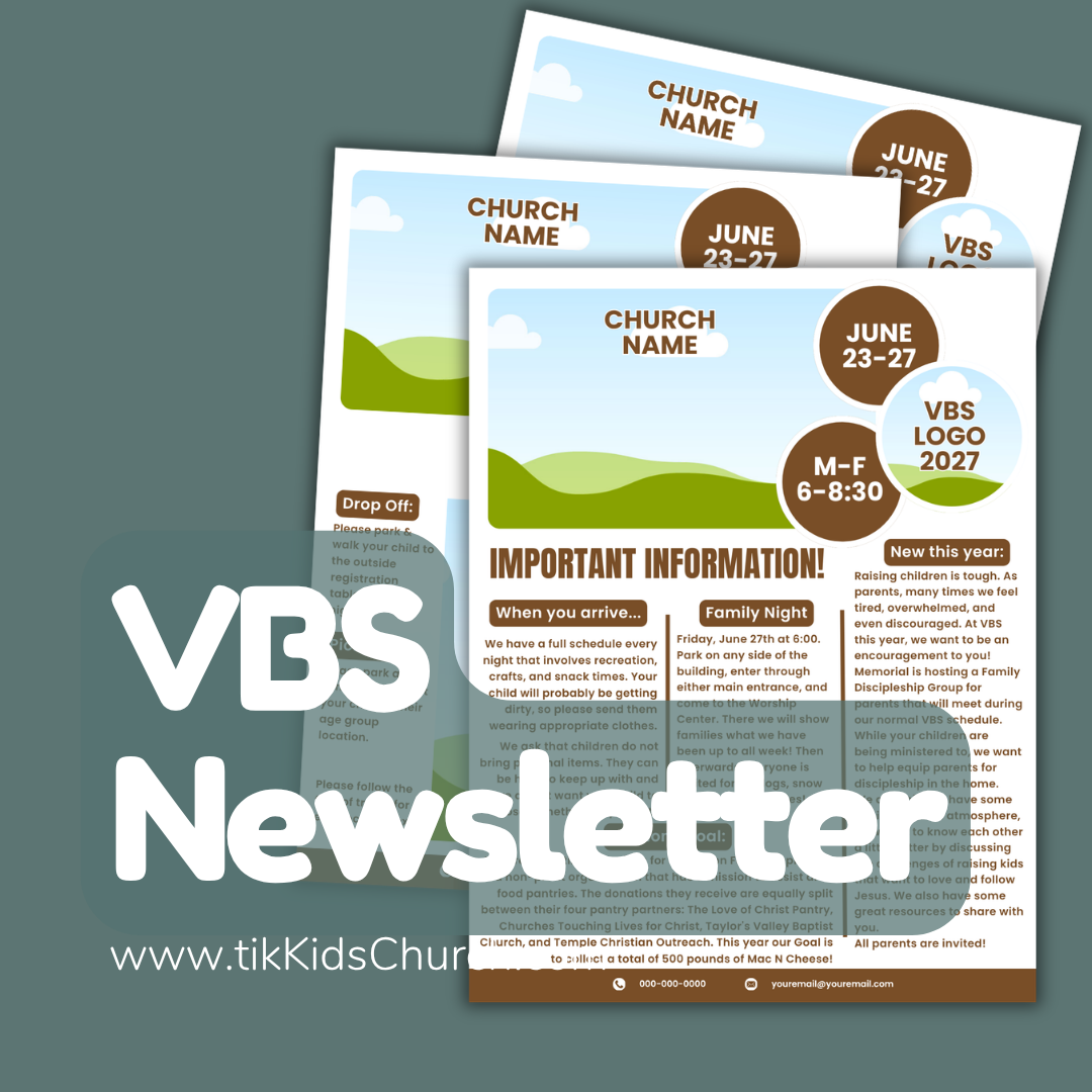 VBS Newsletter design with placeholders for church name and dates on a green background