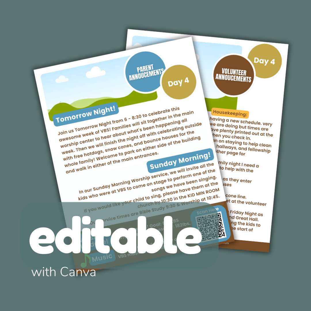 VBS Daily Announcements Template (Editable Canva) | 1–5 Day + Wrap-Up Page | Parent & Volunteer Communication