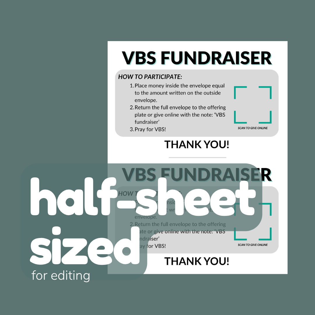 VBS Fundraiser half-sheet flyer with text and QR code on a green background