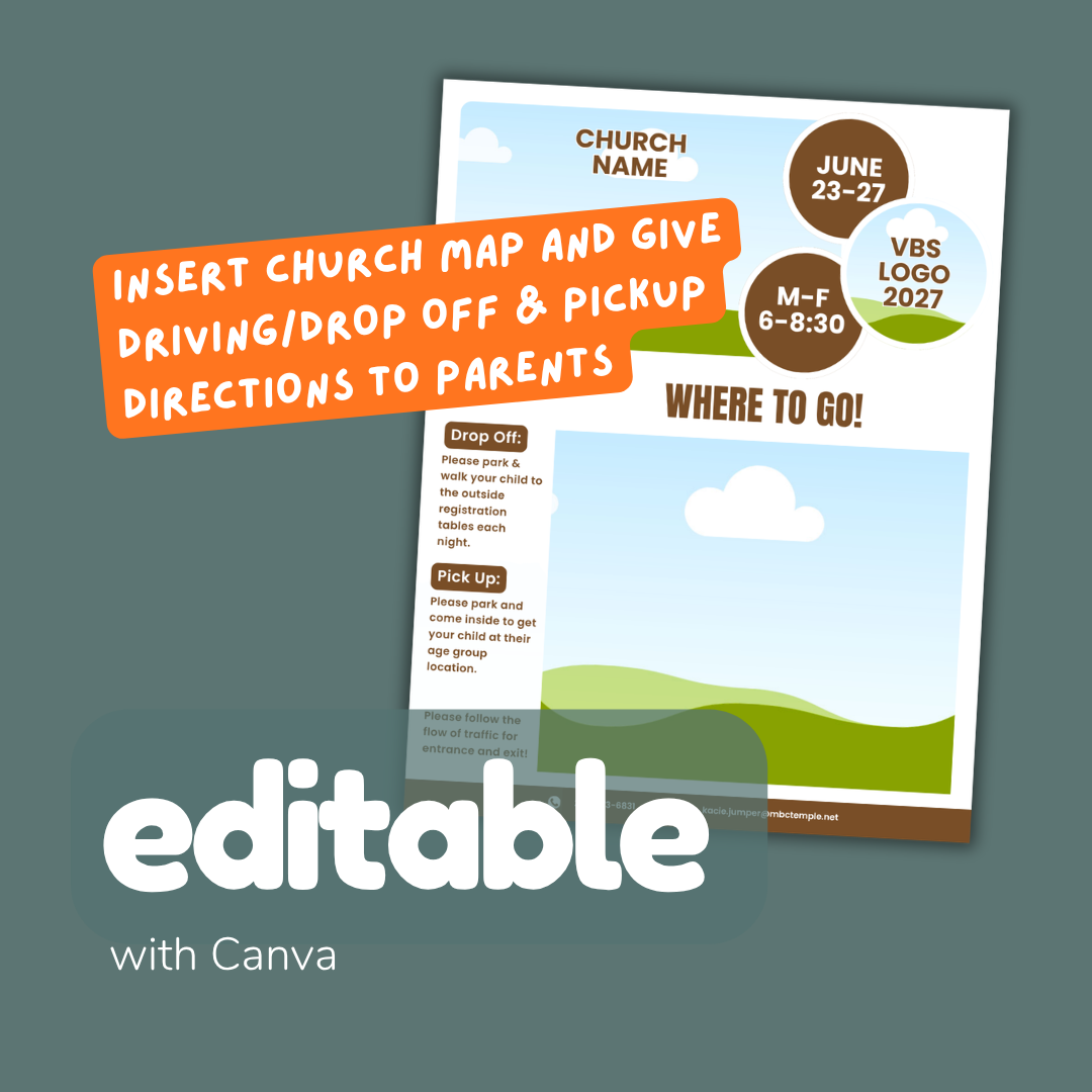 VBS (Vacation Bible School) flyer with directions for parents on a green background, featuring the Canva brand.