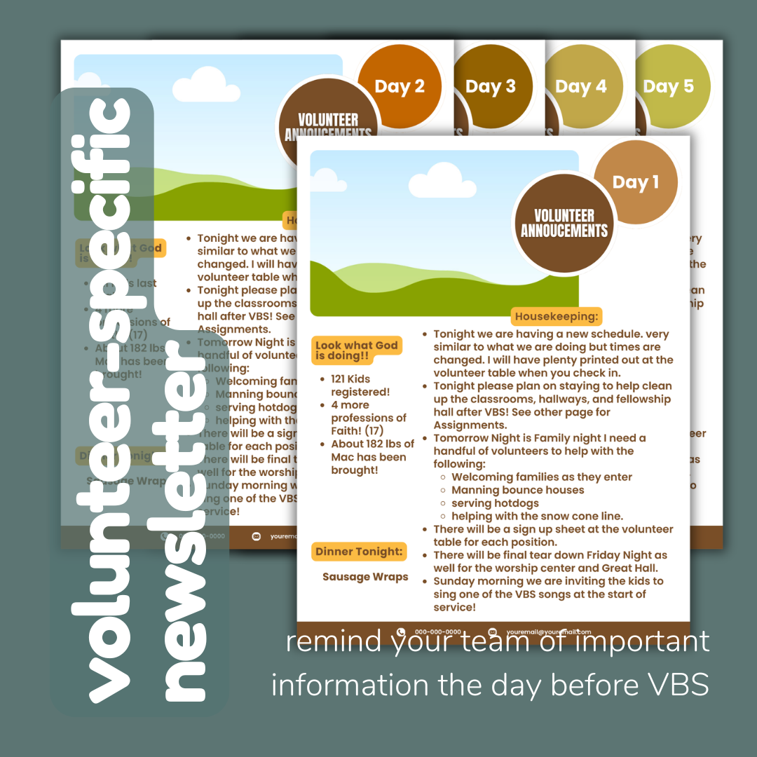 VBS Daily Announcements Template (Editable Canva) | 1–5 Day + Wrap-Up Page | Parent & Volunteer Communication