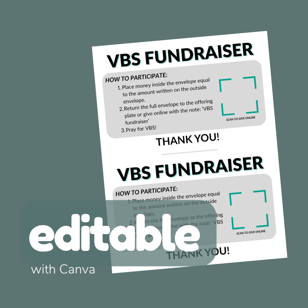 VBS Fundraiser flyer with Canva branding on a gray background