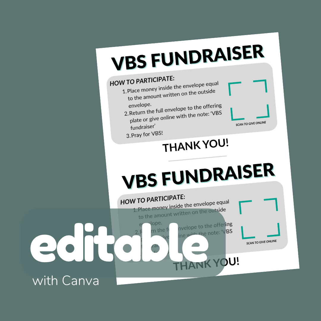 VBS Fundraiser flyer with Canva branding on a gray background