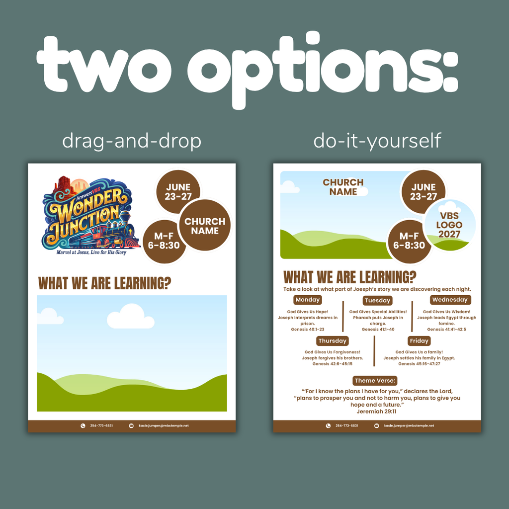 Two church event flyer designs labeled 'drag-and-drop' and 'do-it-yourself' on a green background.