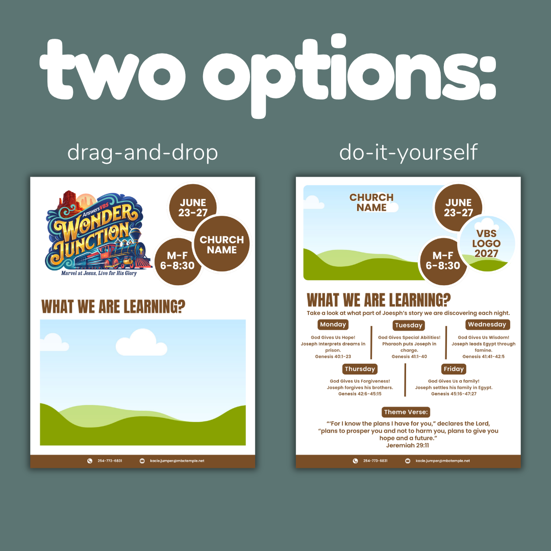 Two church event flyer designs labeled 'drag-and-drop' and 'do-it-yourself' on a green background.