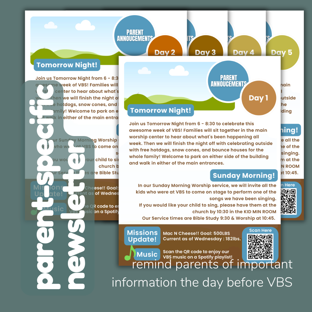VBS Daily Announcements Template (Editable Canva) | 1–5 Day + Wrap-Up Page | Parent & Volunteer Communication