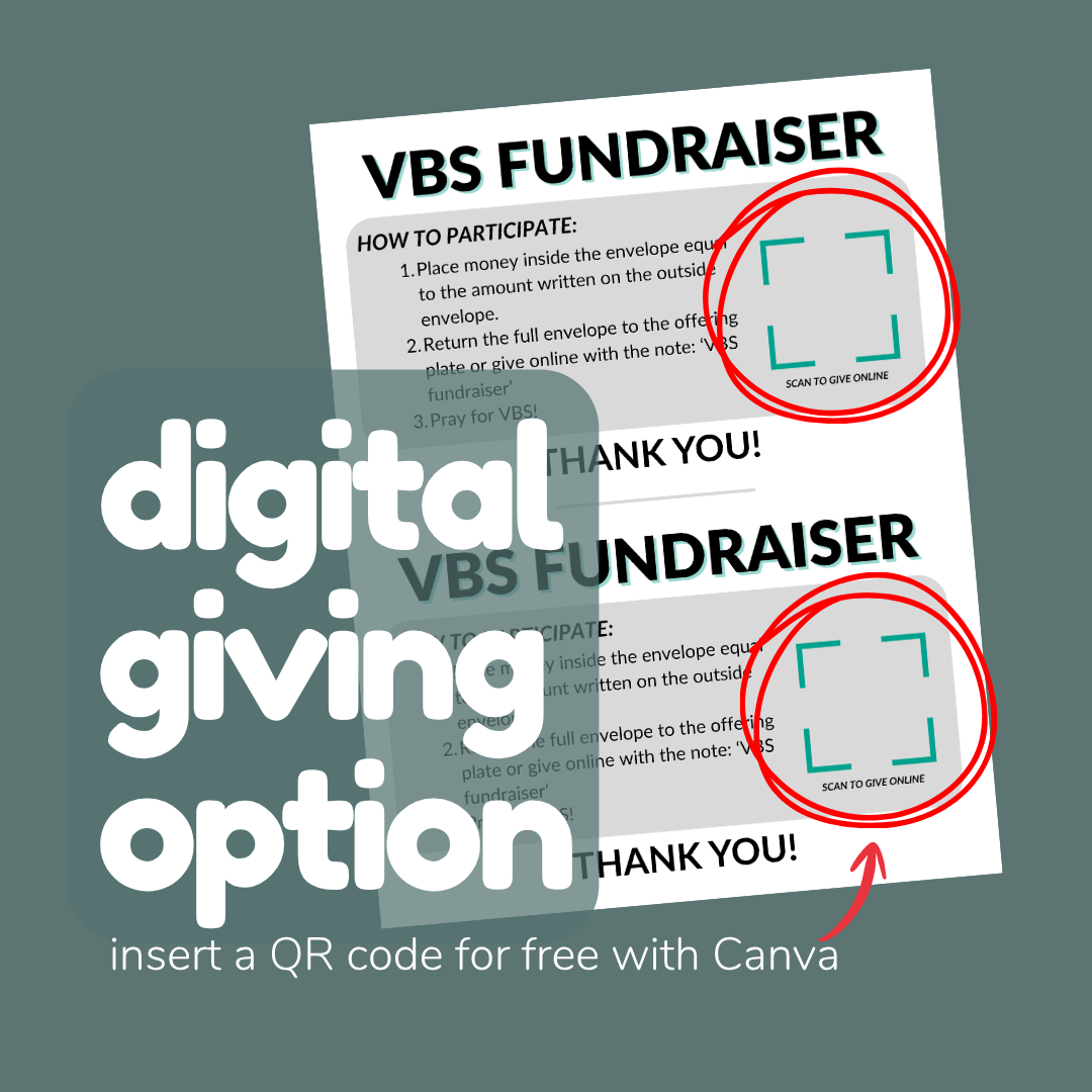 VBS Fundraiser flyer with QR code scanning option on a green background
