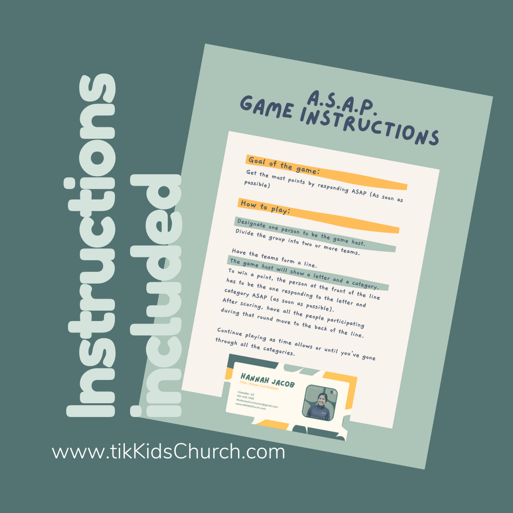 Game instructions sheet with text 'A.S.A.P. Game Instructions' on a teal background