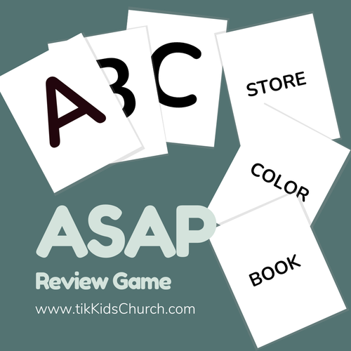 Flashcards with letters and words on a teal background, promoting an educational game.