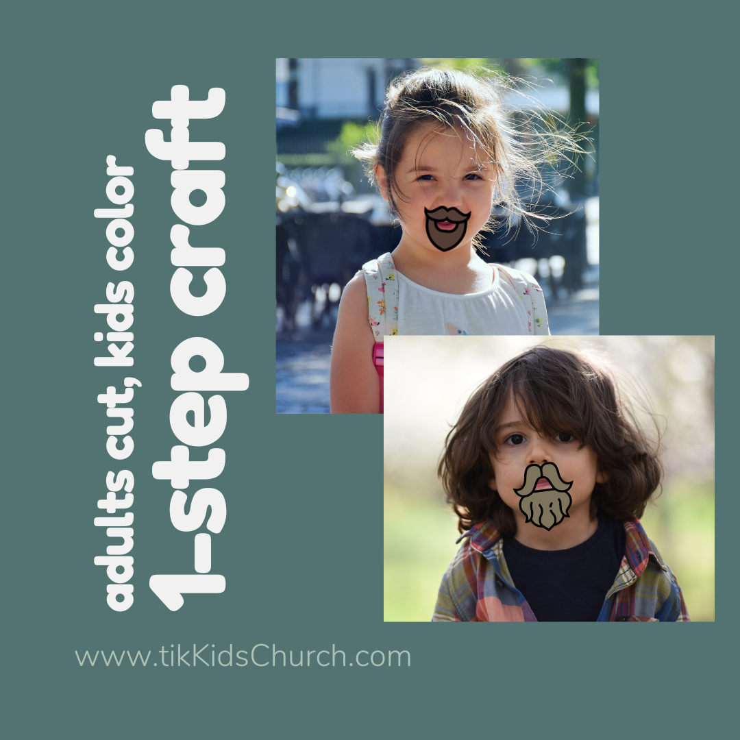 Two children with painted mustaches on their faces, with text about a 1-step craft and a website URL.