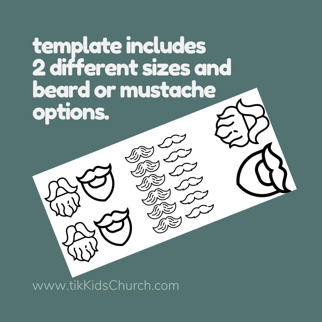 Stencils with lips and mustache designs on a teal background with text about size options.