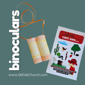 Toy binoculars with a sheet of stickers on a green background, featuring tikKidsChurch.com.