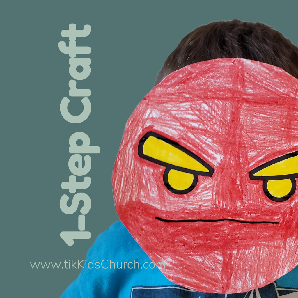 Child wearing a red mask with angry face design on a green background with text '1-Step Craft' and website 'www.tikkidschurch.
