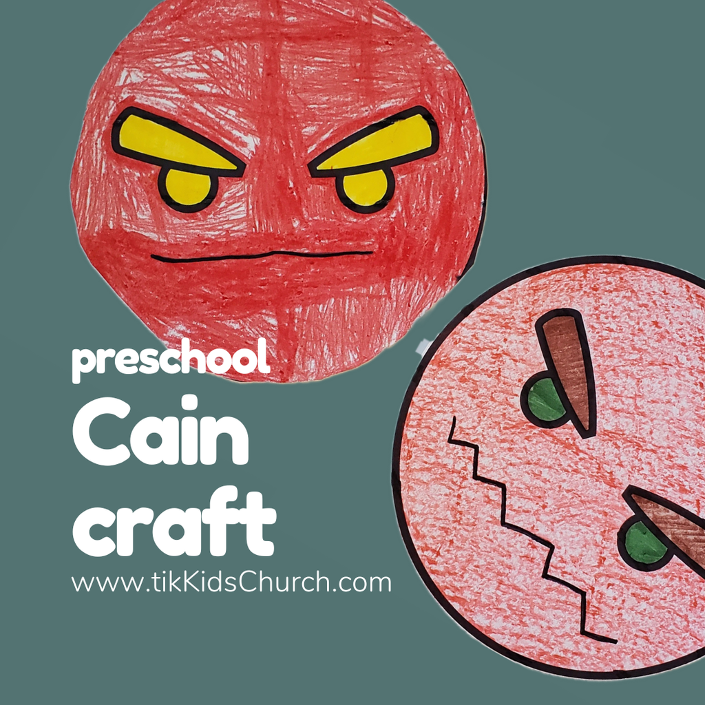 Children's craft project with red and pink faces on a green background, labeled 'preschool Cain craft' with a website URL.