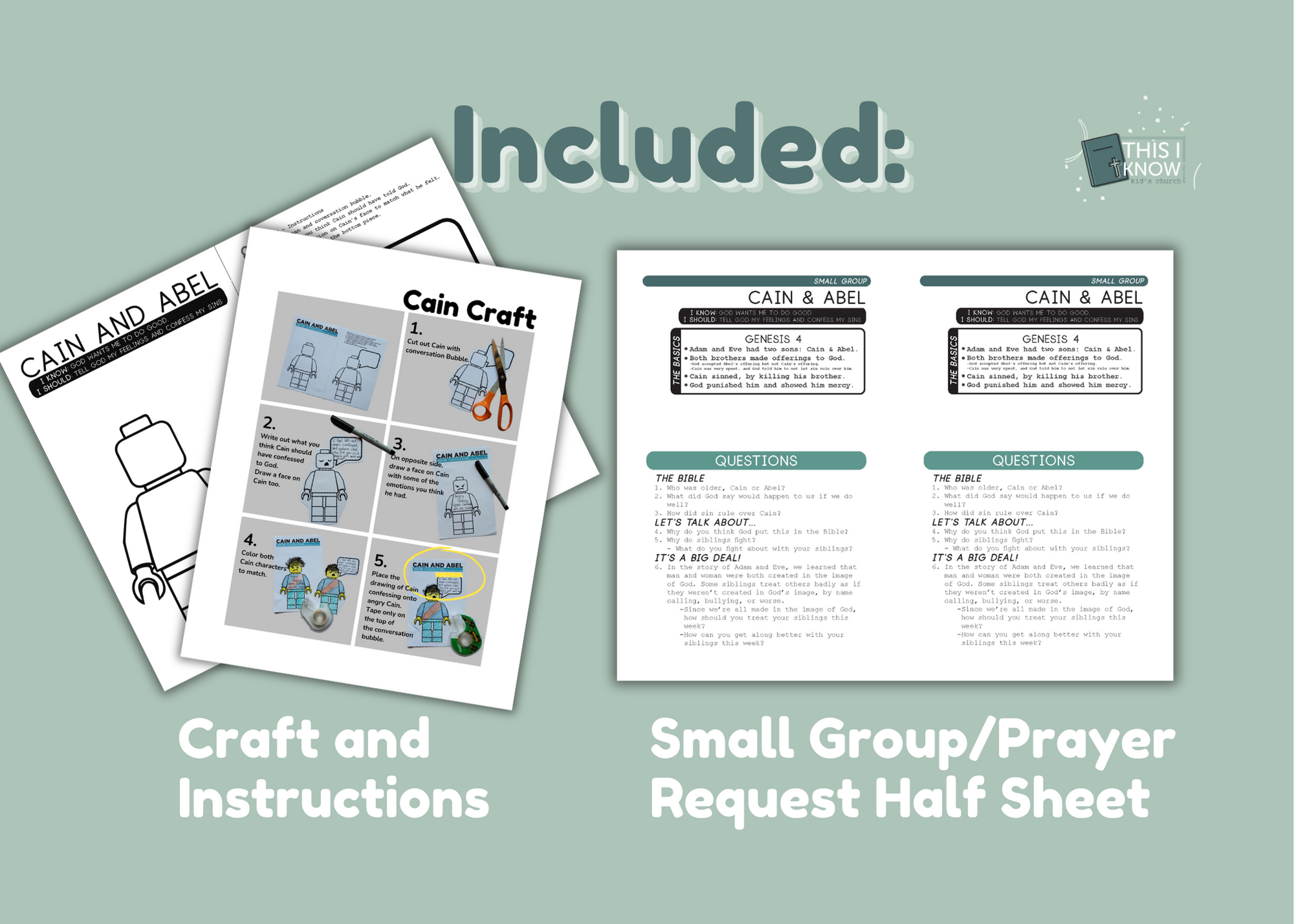 Educational materials including a craft and instructions sheet on a light green background