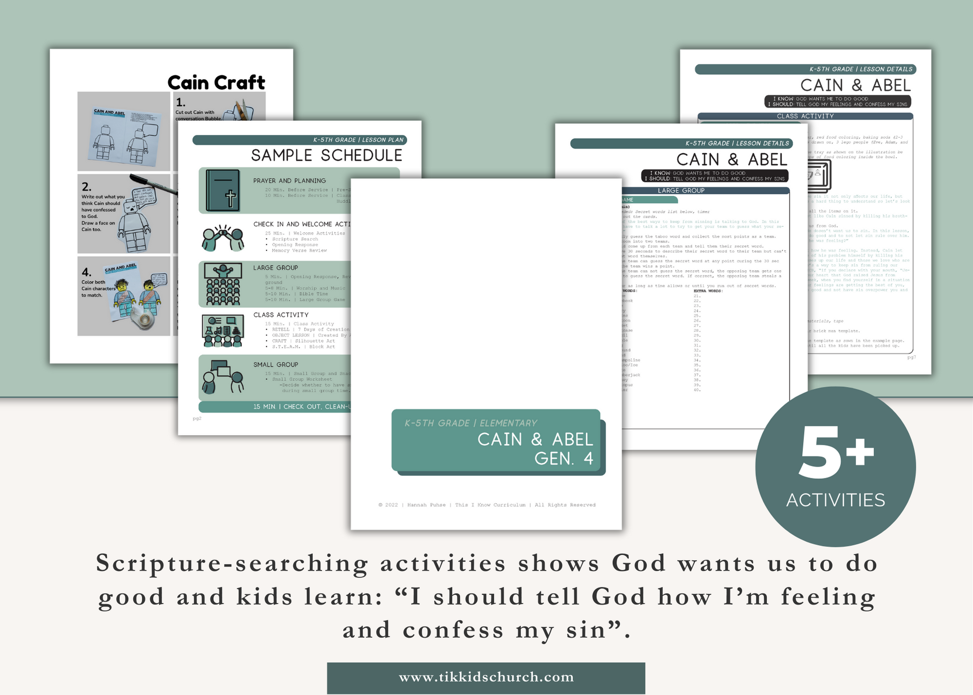 Educational materials on a light green background with text about scripture searching activities.