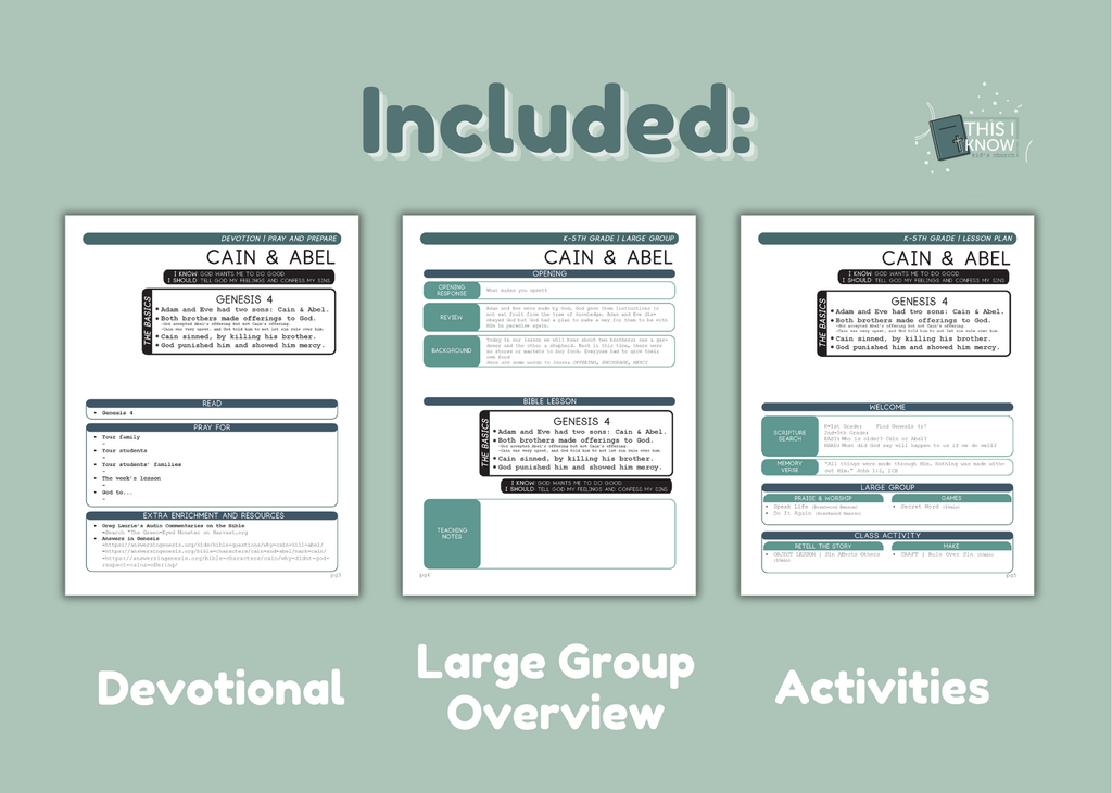 Three printed pages with text and headings on a light green background, featuring the title 'Included:'.