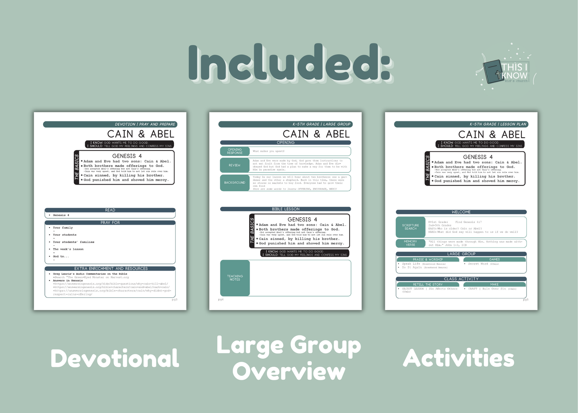 Three printed pages with text and headings on a light green background, featuring the title 'Included:'.