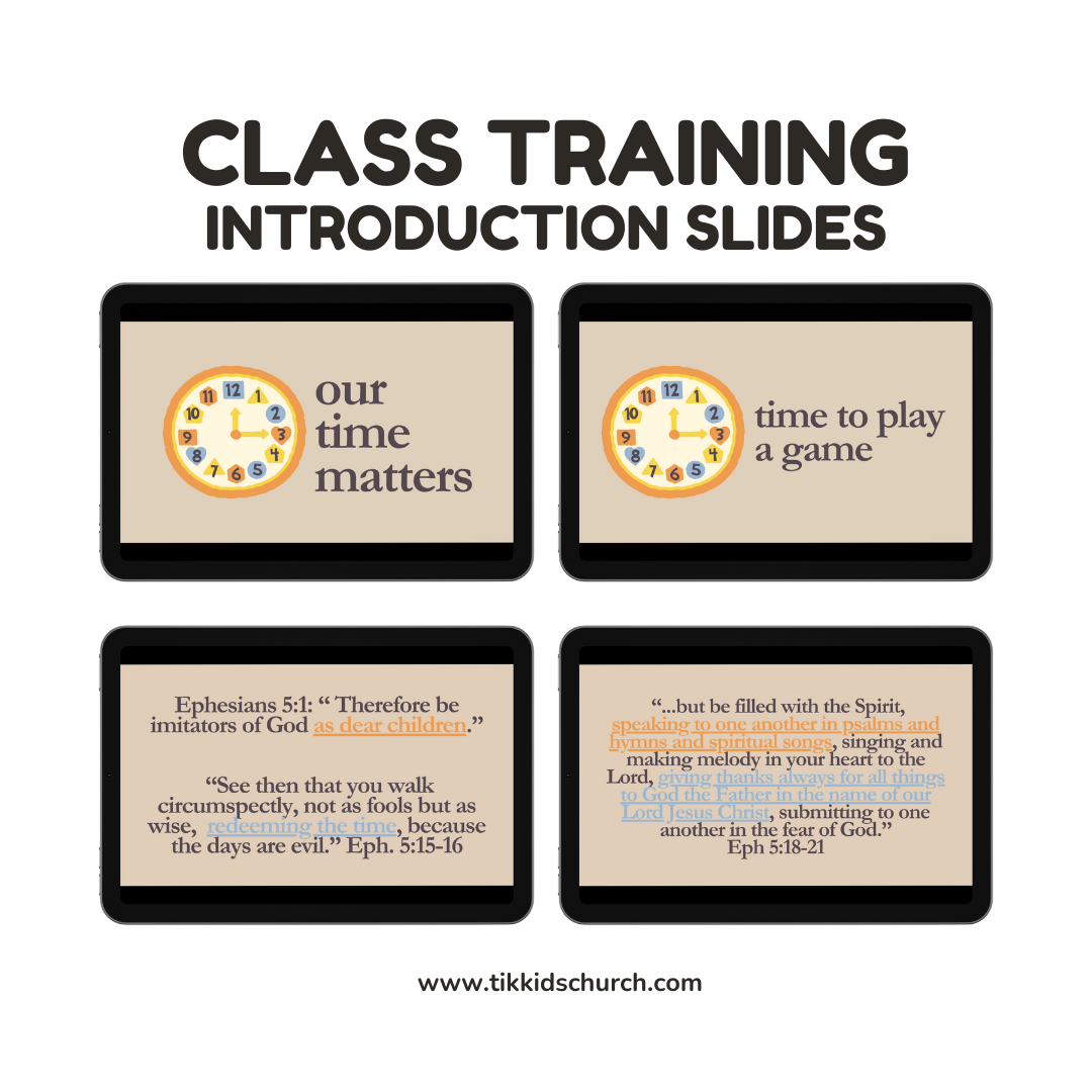 Class training introduction slides with text and a clock icon on a beige background.