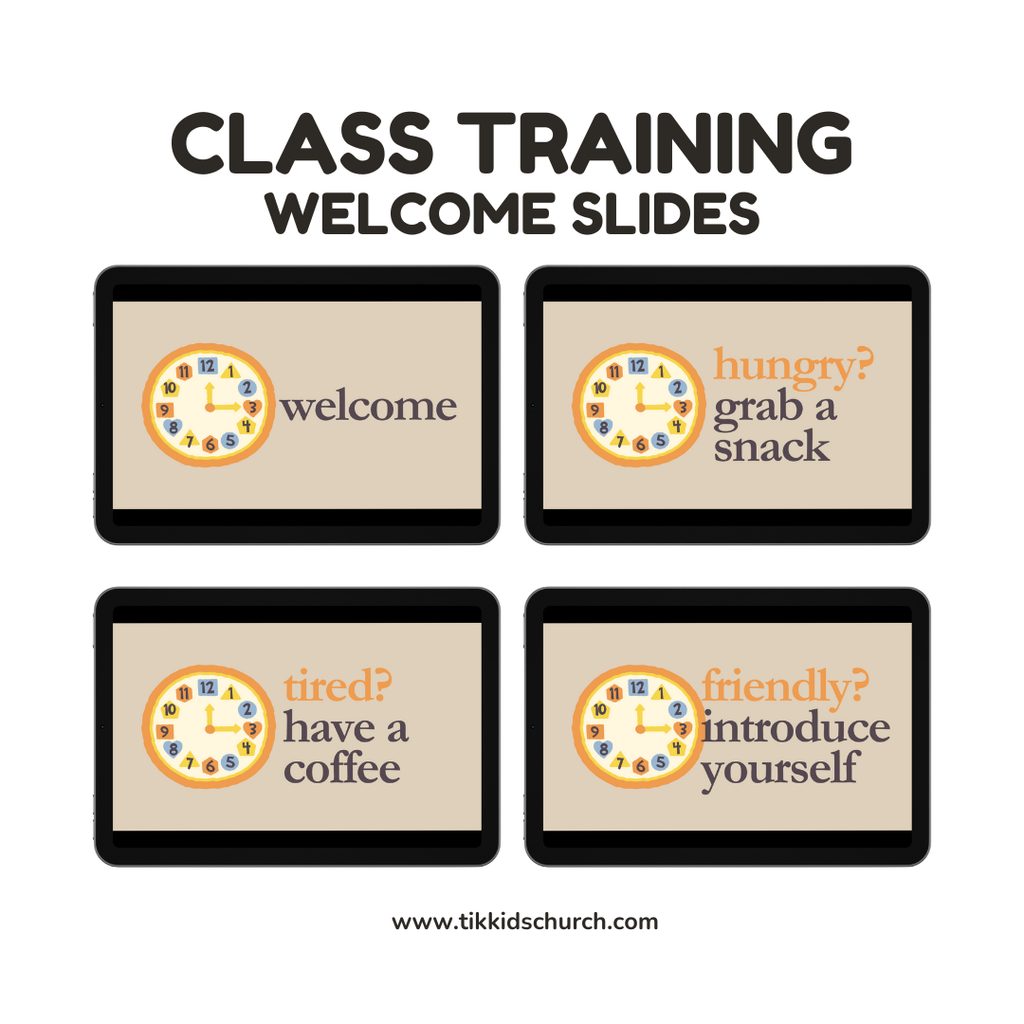 Four tablet screens displaying class training welcome slides with text and graphics.