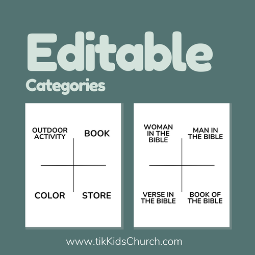 Two white cards with black text on a teal background, featuring categories like 'Outdoor Activity', 'Book', 'Woman in the Bible', etc.