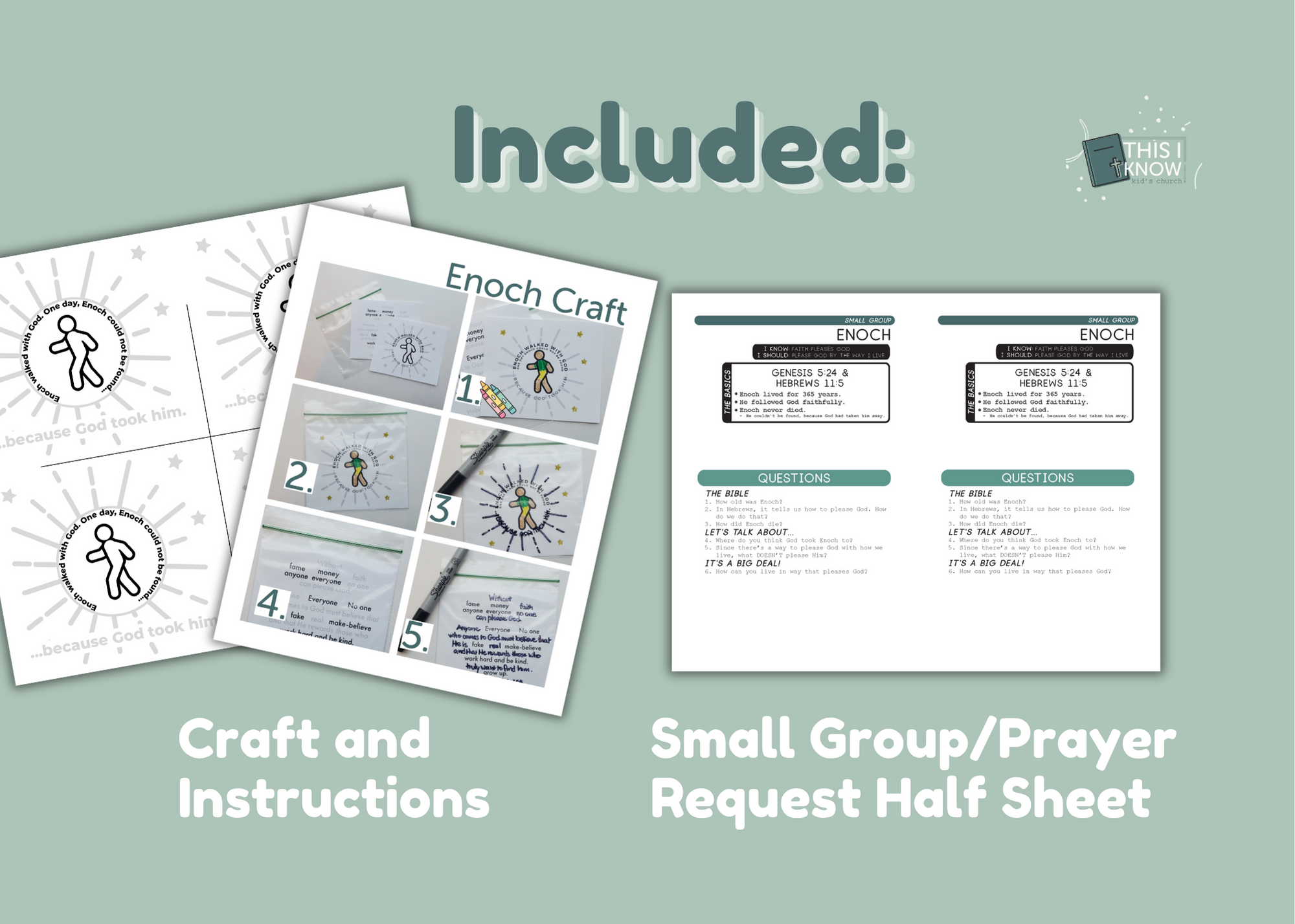 Educational materials including a craft and instructions sheet and a small group/prayer request half sheet on a light green background.