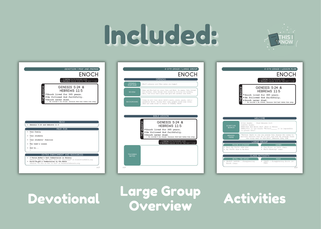 Three printed pages with text and headings on a light green background, labeled 'Devotional', 'Large Group Overview', and 'Activities'.