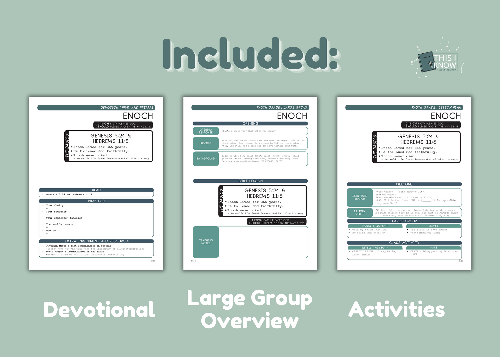 Three printed pages with text and headings on a light green background, labeled 'Devotional', 'Large Group Overview', and 'Activities'.