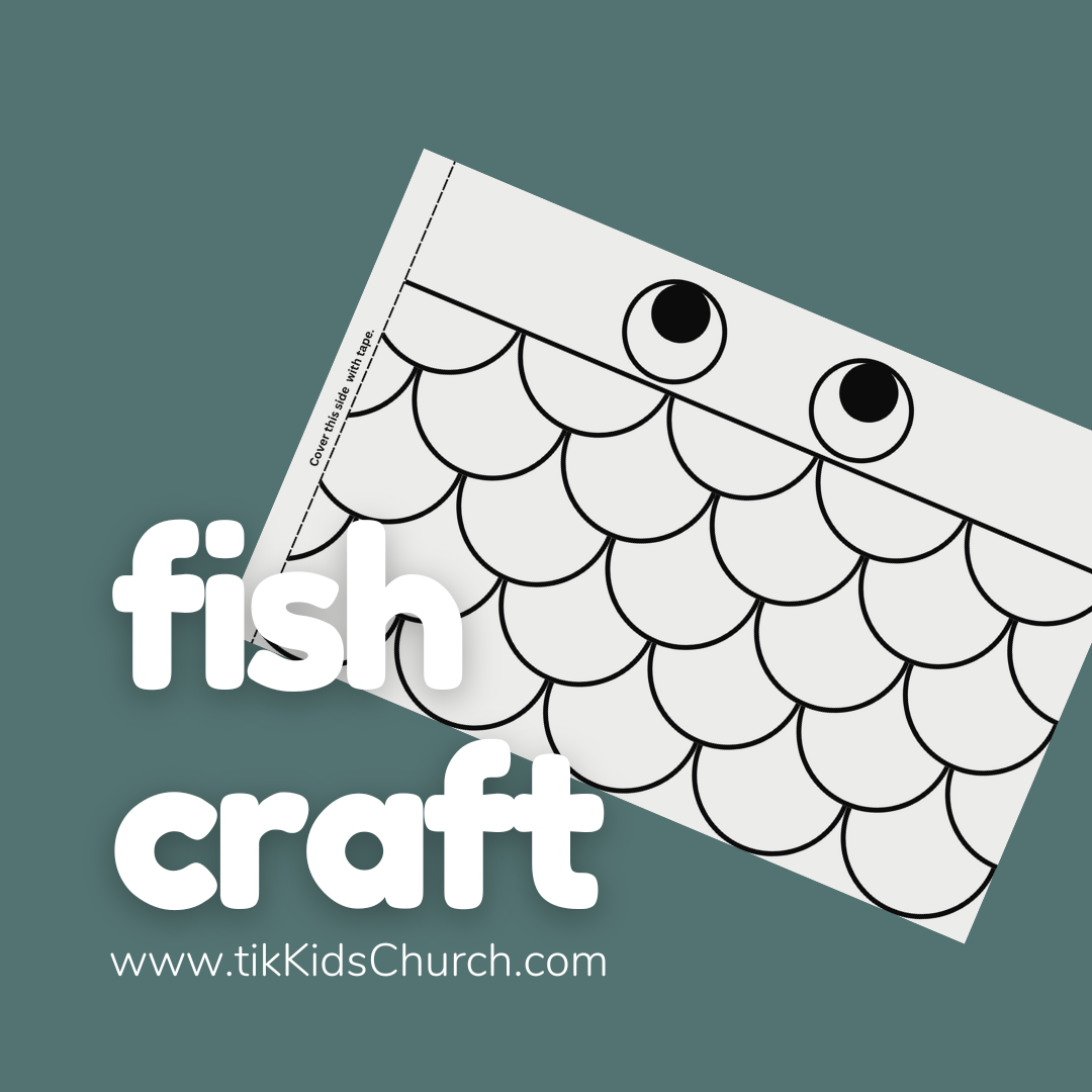Fish craft template with eyes on a green background, featuring tikKidsChurch.com.
