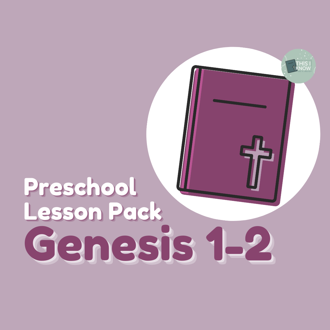 Purple book with a cross on a purple background, labeled 'Preschool Lesson Pack Genesis 1-2'.