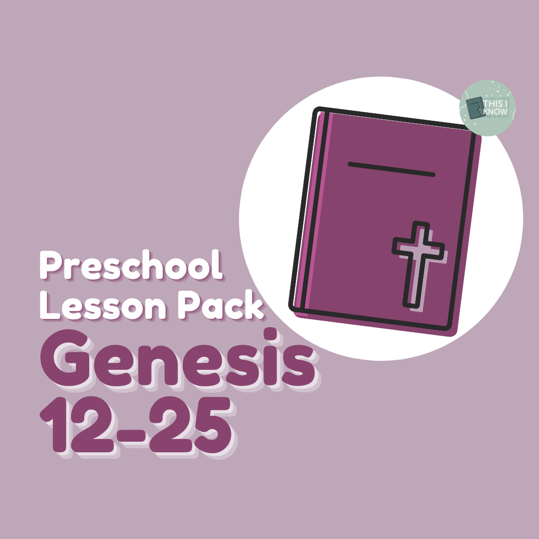 Purple book with a cross on a purple background, labeled 'Preschool Lesson Pack Genesis 12-25'.