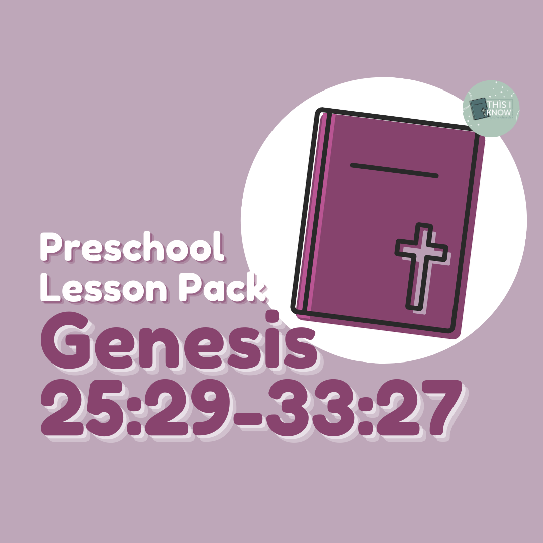 Purple book with cross on a purple background, labeled 'Preschool Lesson Pack Genesis 25:29-33:27'.