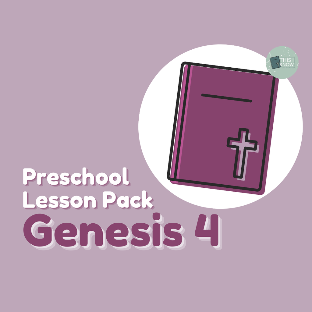 Purple book with a cross on a purple background, labeled 'Preschool Lesson Pack Genesis 4'.
