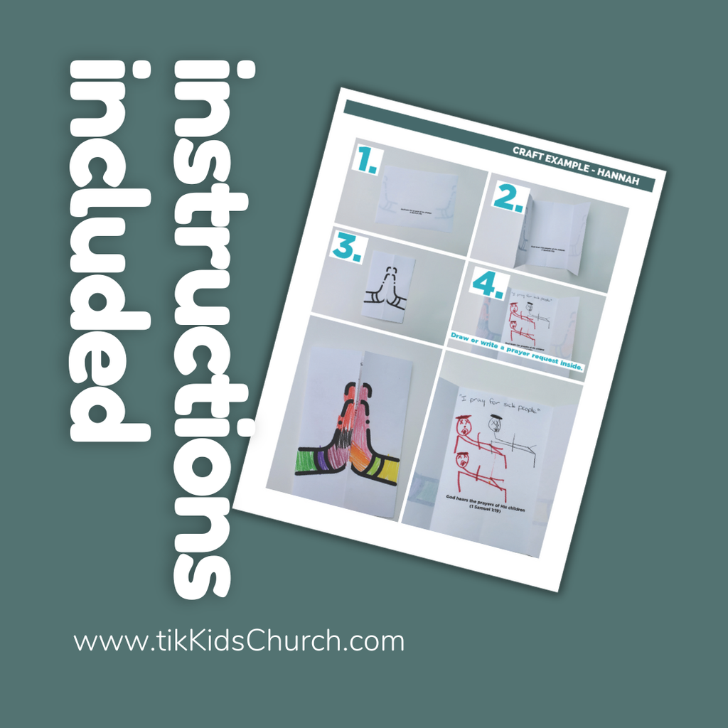 Sheet with craft instructions and examples on a green background, featuring 'tikKidsChurch.com'.