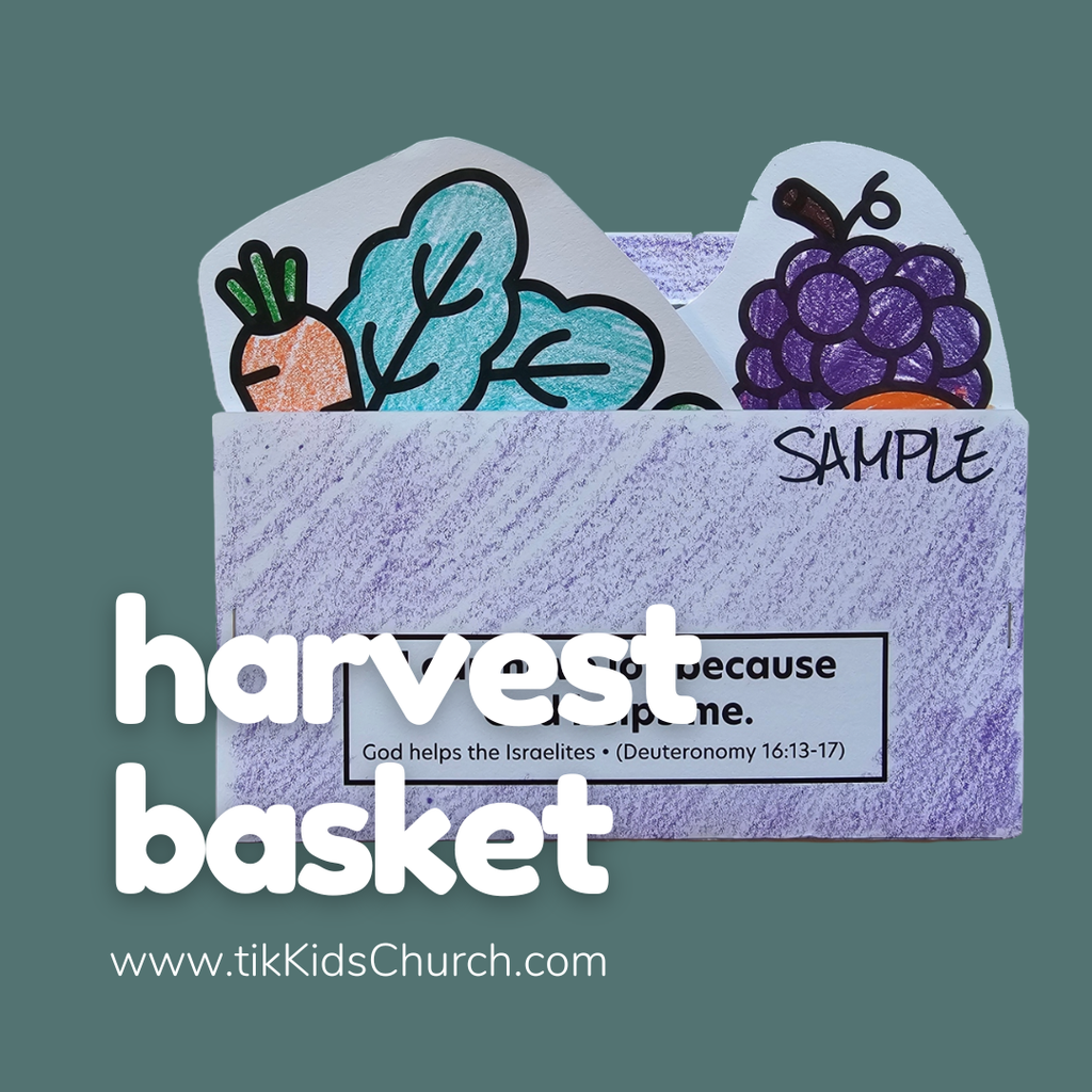 Harvest basket with colorful illustrations on a green background, featuring the text 'harvest basket' and a website URL.
