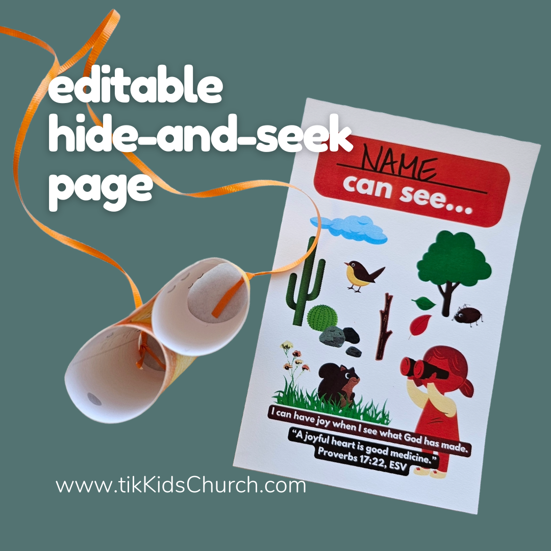 Hide-and-seek game sheet with illustrations and a paper cone on a green background