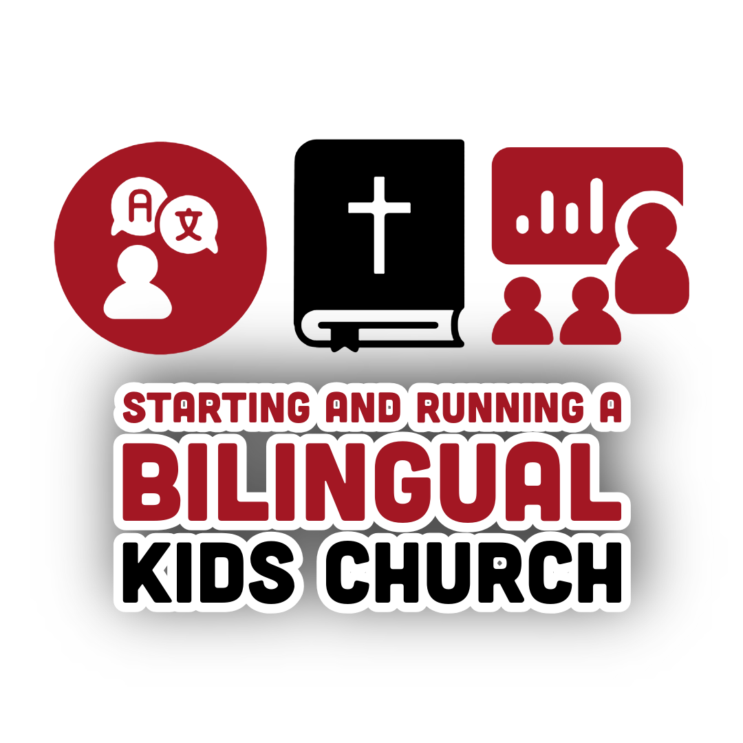 Logo for 'Starting and Running a Bilingual Kids Church' with icons and text on a white background.