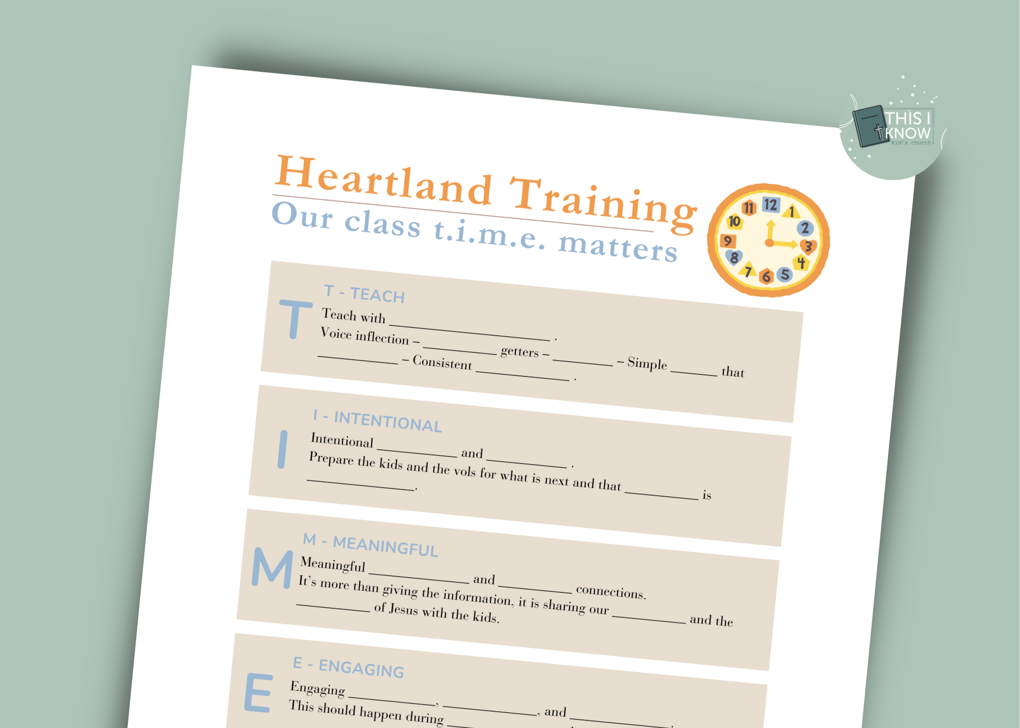 Sheet from Heartland Training with educational content on a light green background
