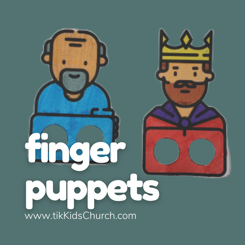 Two finger puppets, one with a blue outfit and headset, the other with a red outfit and crown, on a teal background with 'finger puppets' text and website URL.