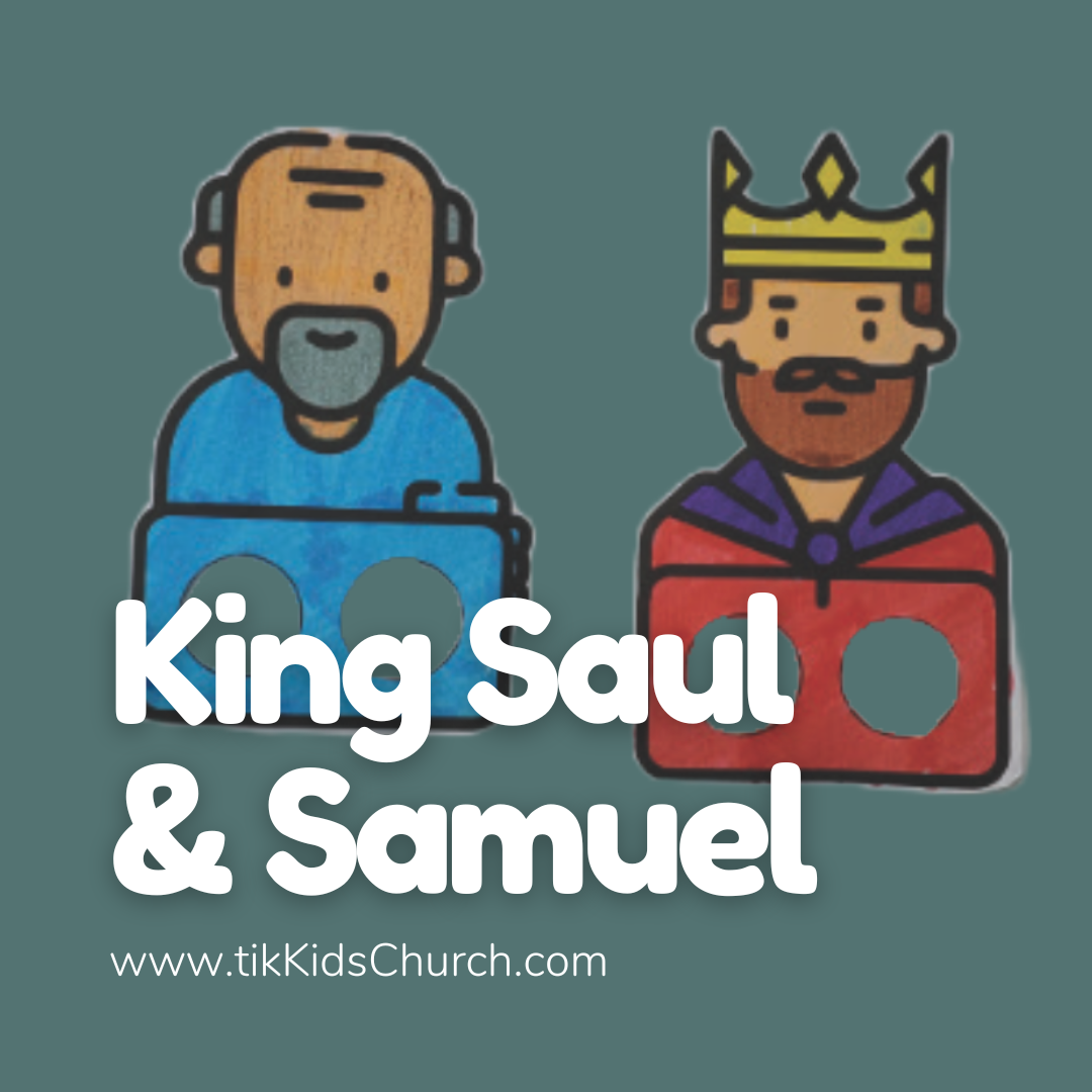 Illustrations of King Saul and Samuel with a teal background and website text.
