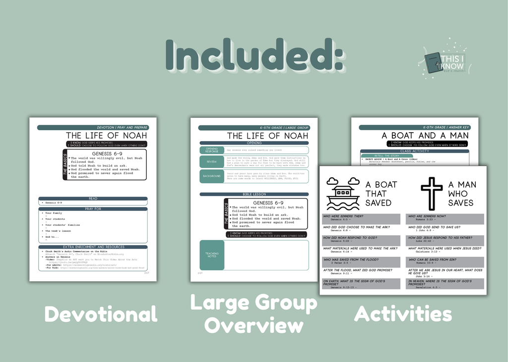 Educational materials including a devotional, large group overview, and activities on a light green background.