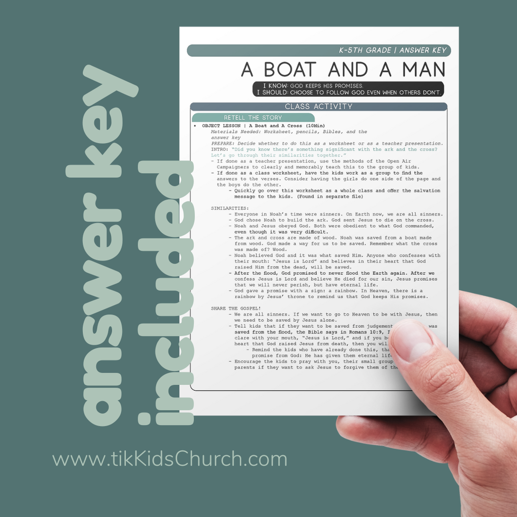 Hand holding a printed worksheet titled 'A Boat and a Man' with text and an answer key on a green background.