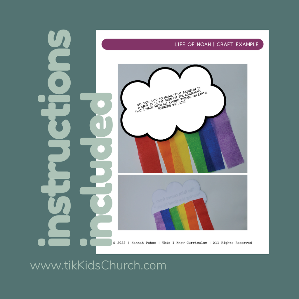 Craft example with rainbow and cloud design on a gray background, featuring text about the Life of Noah.