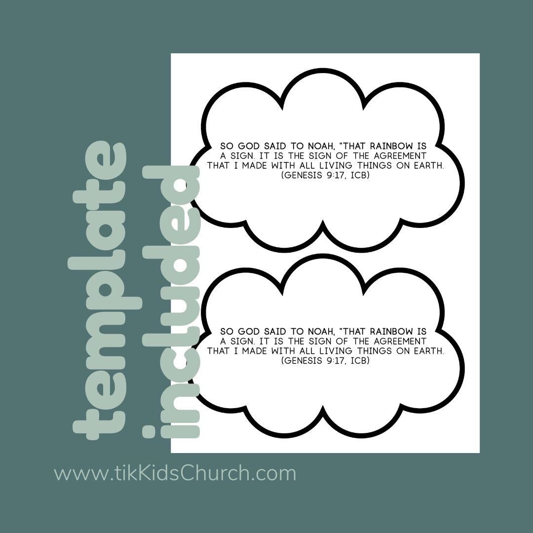 Printable template with text about a rainbow and Genesis 9:17 on a teal background.