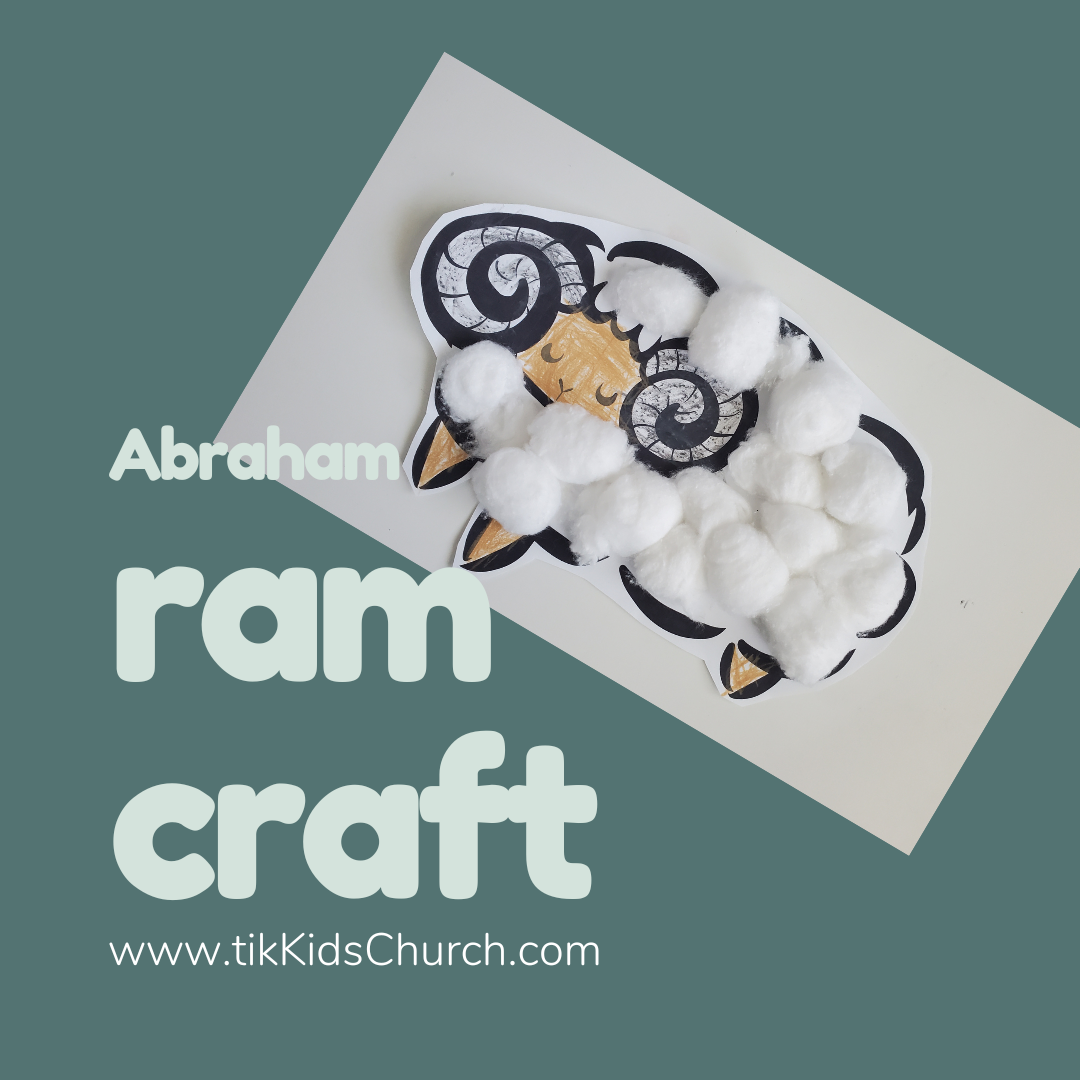 Craft project with a ram design and cotton balls on a white card, branded with tikKidsChurch.com.